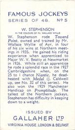 1936 Gallaher Famous Jockeys #5 Willie Stephenson Back